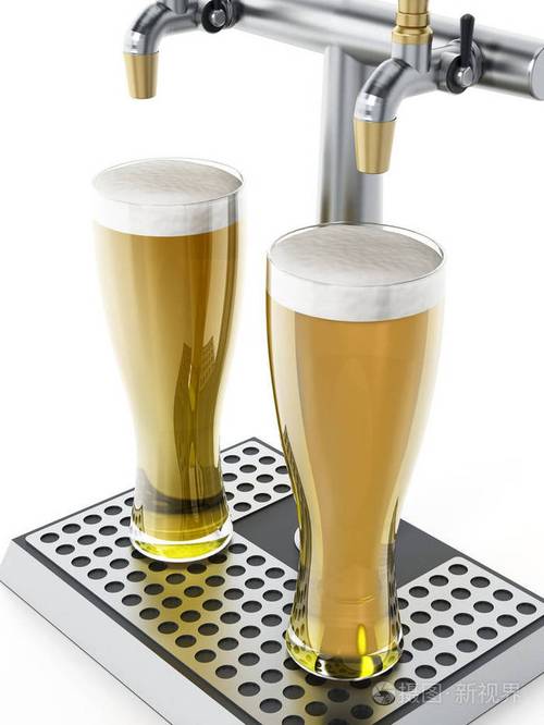 两杯啤酒下含酒精的饮料水龙头3d图
